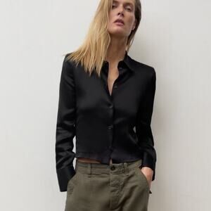 Zara Black SHOULDER PAD SATIN EFFECT SHIRT Size Extra Large XL